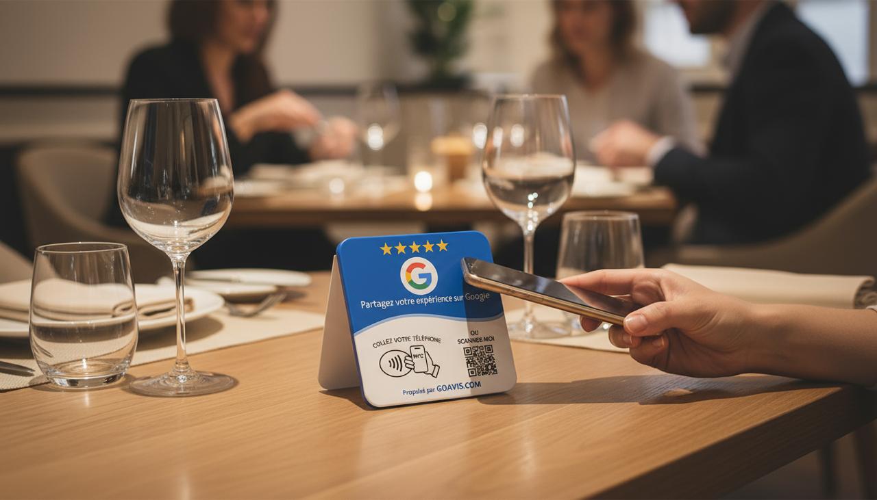 Un téléphone approché de la plaque GoAvis sur une table de restaurant